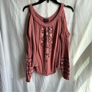 Artesia Pink Cold Shoulder Long Sleeve Boho Waffle Knit Top w/ embroidery Size L